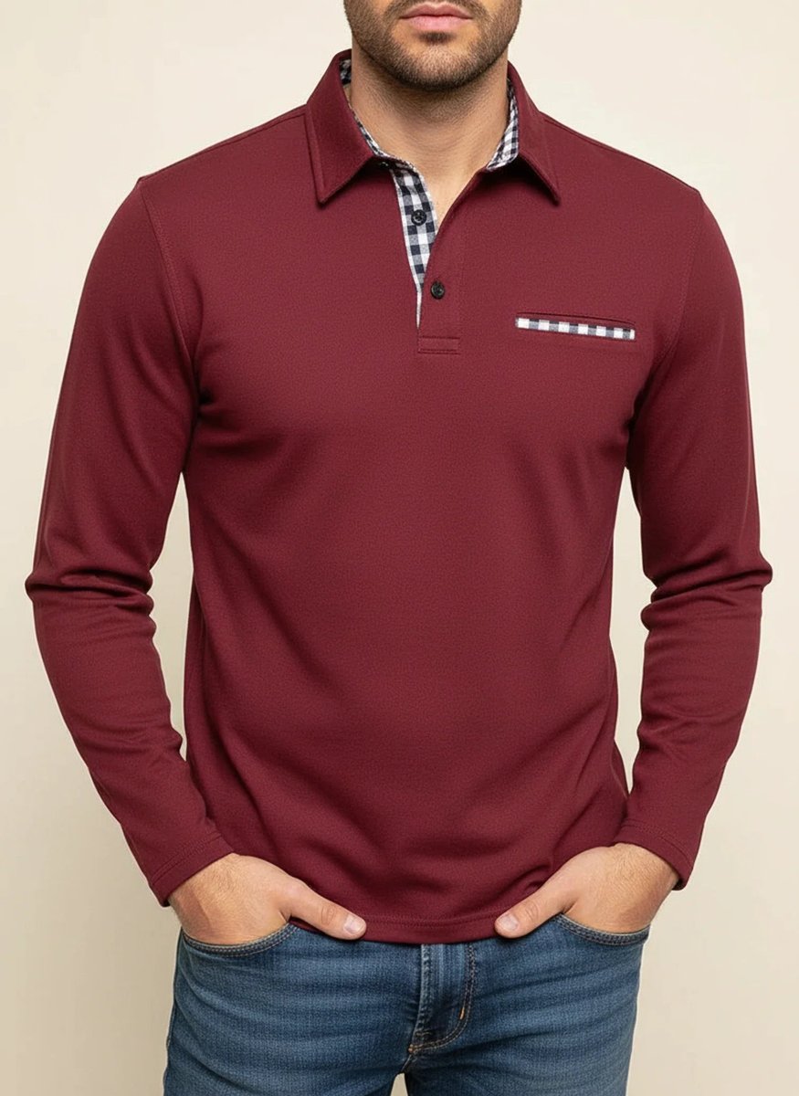 Men's Long Sleeve Gingham-Trim Polo Shirt Chest Pocket - Burgundy