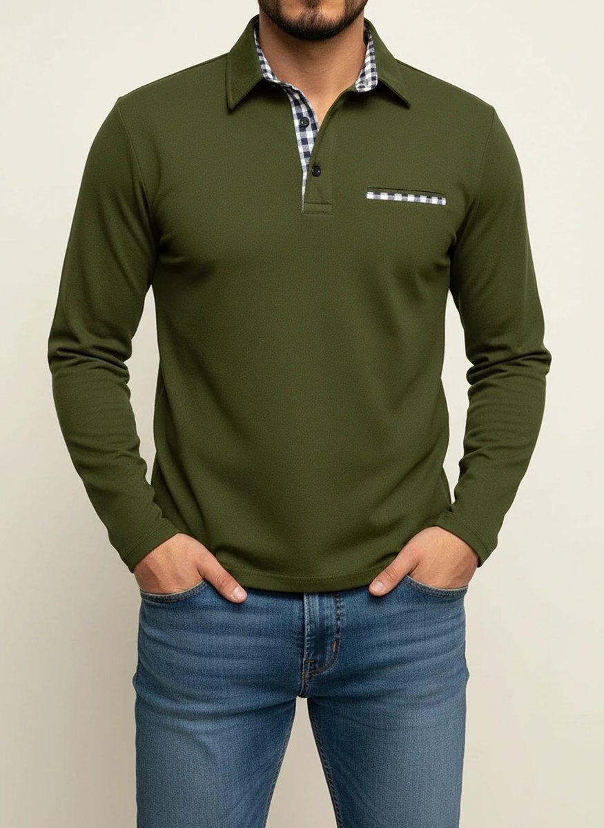 Men's Long Sleeve Gingham-Trim Polo Shirt Chest Pocket - Olive Green