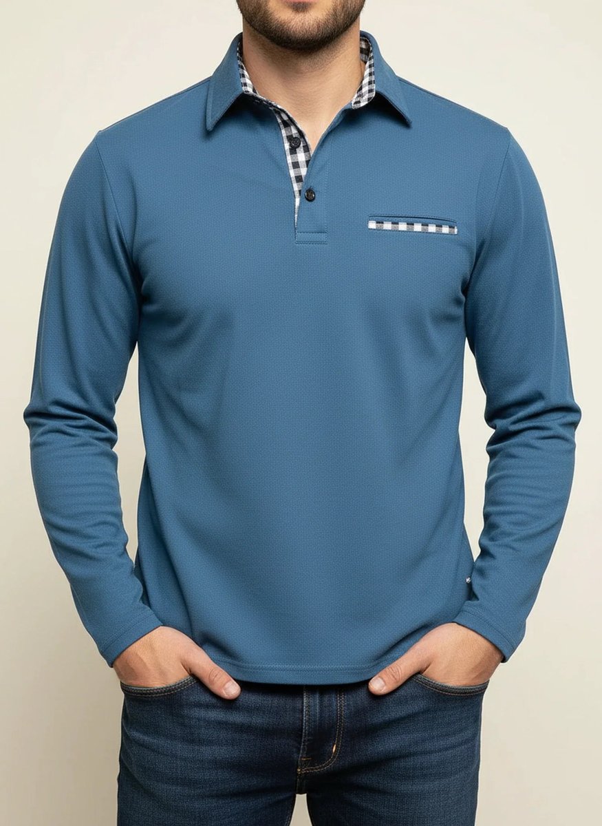 Men's Long Sleeve Gingham-Trim Polo Shirt Chest Pocket - Light Blue