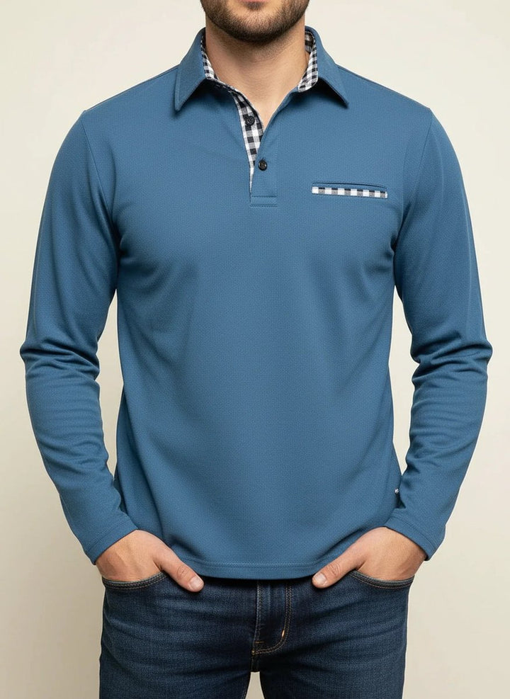 Men's Long Sleeve Gingham-Trim Polo Shirt Chest Pocket - Light Blue