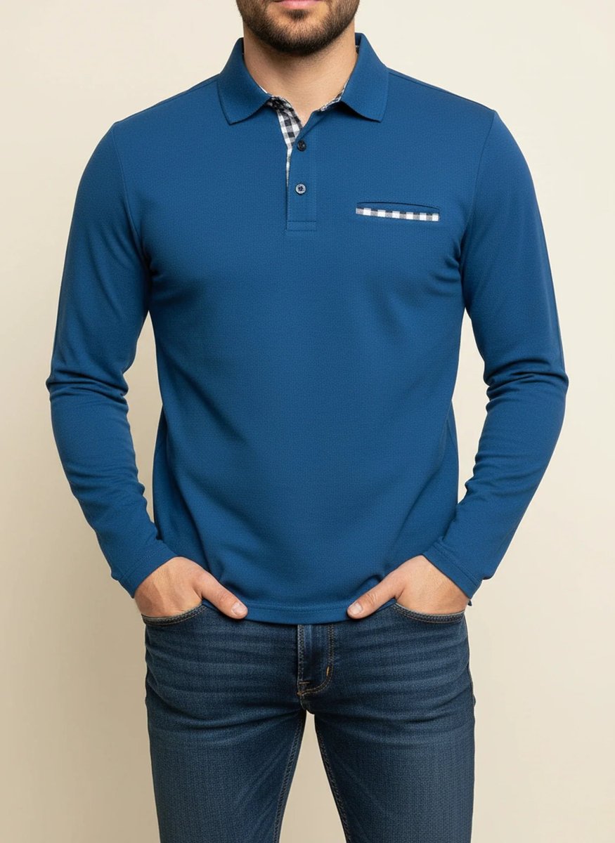 Men's Long Sleeve Gingham-Trim Polo Shirt Chest Pocket - Blue