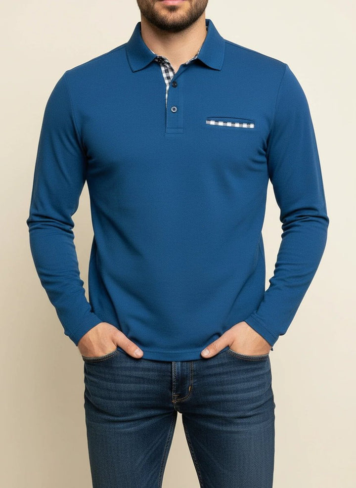 Men's Long Sleeve Gingham-Trim Polo Shirt Chest Pocket - Blue