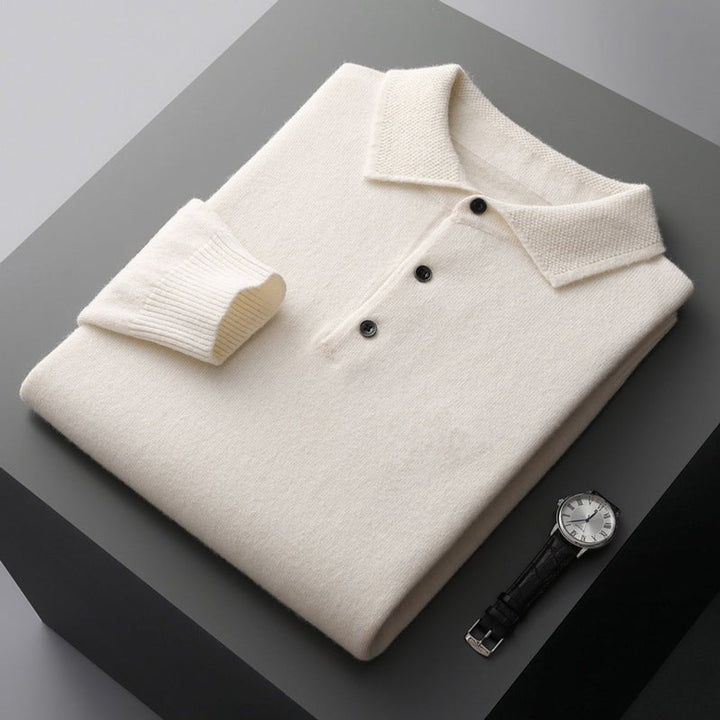 Men's Long Sleeve Knit Polo Shirt Regular Fit Ribbed Cuff - White
