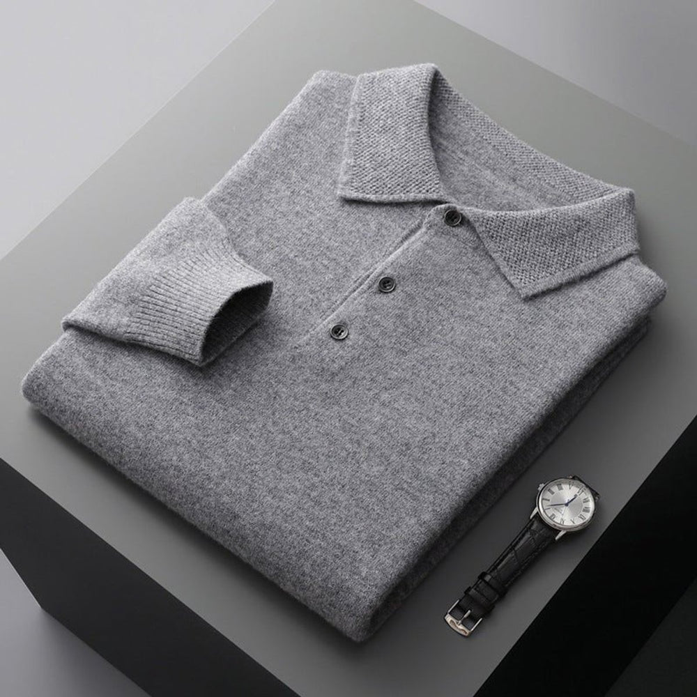 Men's Long Sleeve Knit Polo Shirt Regular Fit Ribbed Cuff - Gray