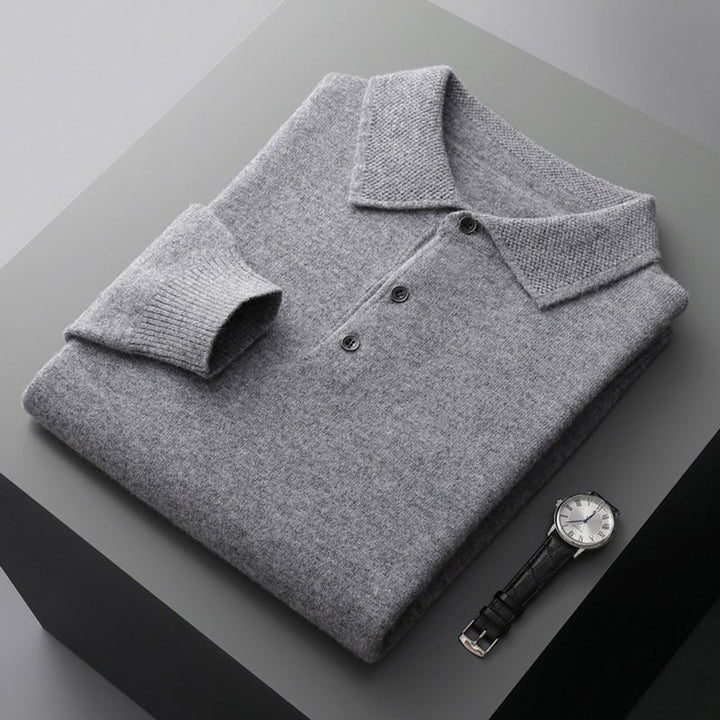 Men's Long Sleeve Knit Polo Shirt Regular Fit Ribbed Cuff - Gray