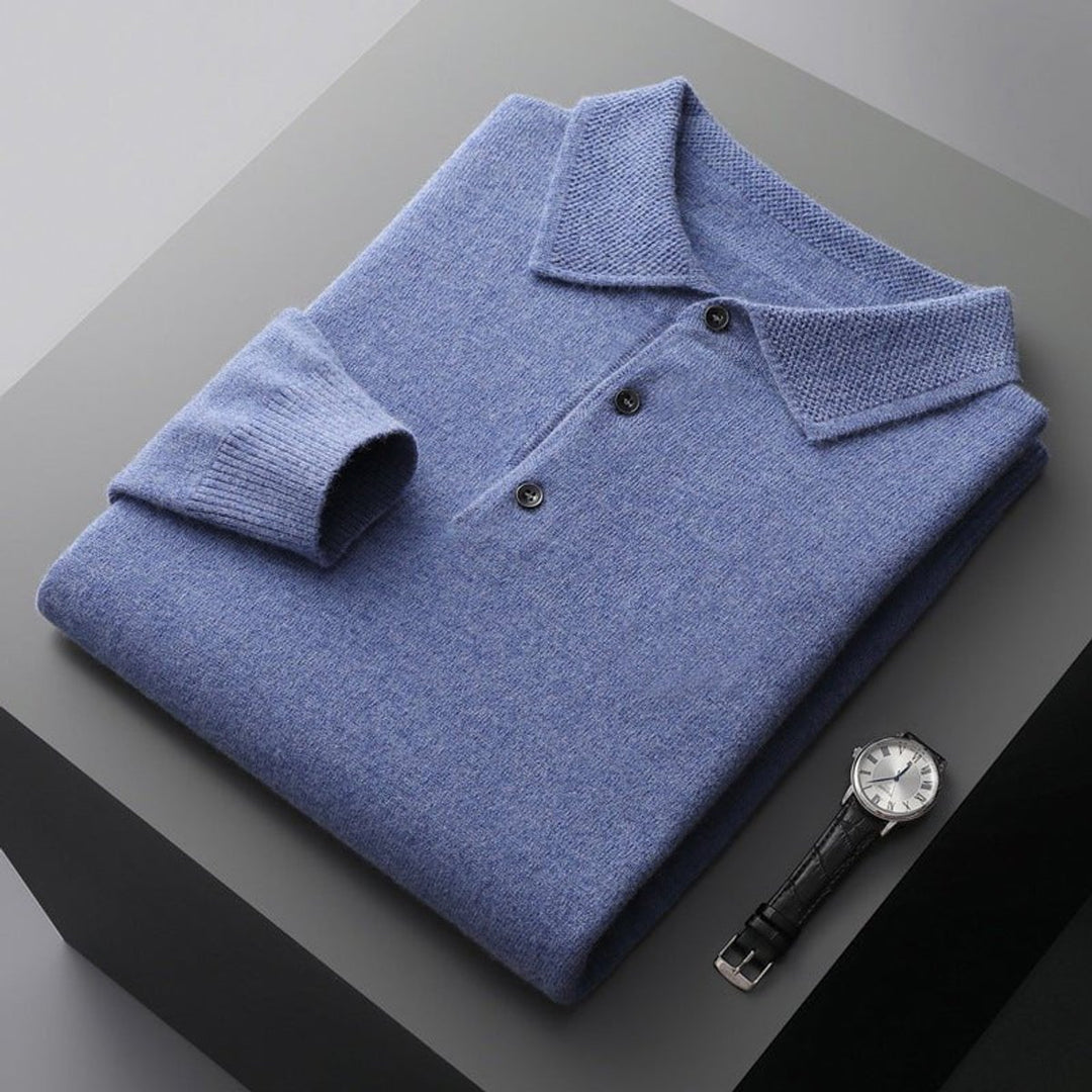 Men's Long Sleeve Knit Polo Shirt Regular Fit Ribbed Cuff - Blue