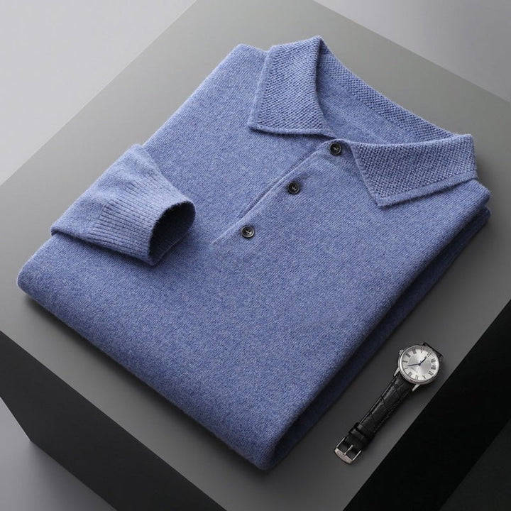 Men's Long Sleeve Knit Polo Shirt Regular Fit Ribbed Cuff - Blue