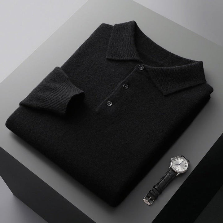 Men's Long Sleeve Knit Polo Shirt Regular Fit Ribbed Cuff - Black
