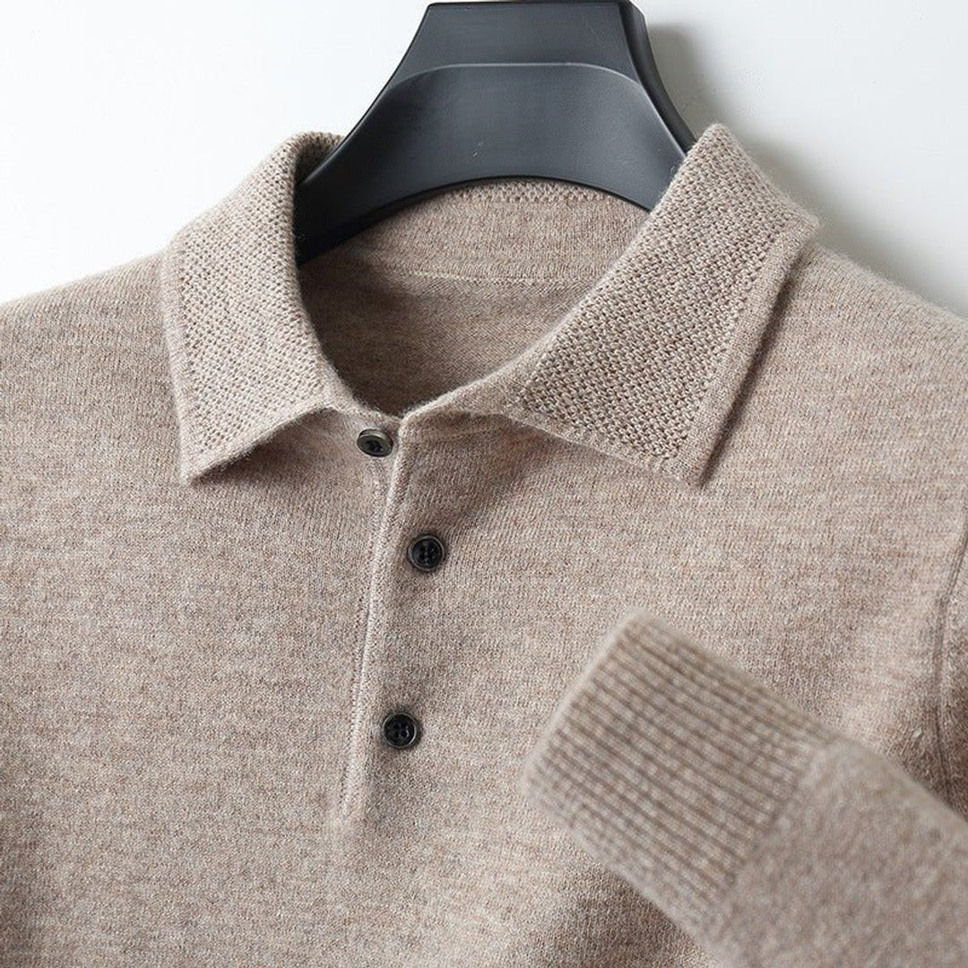 Men's Long Sleeve Knit Polo Shirt Regular Fit Ribbed Cuff - Khaki