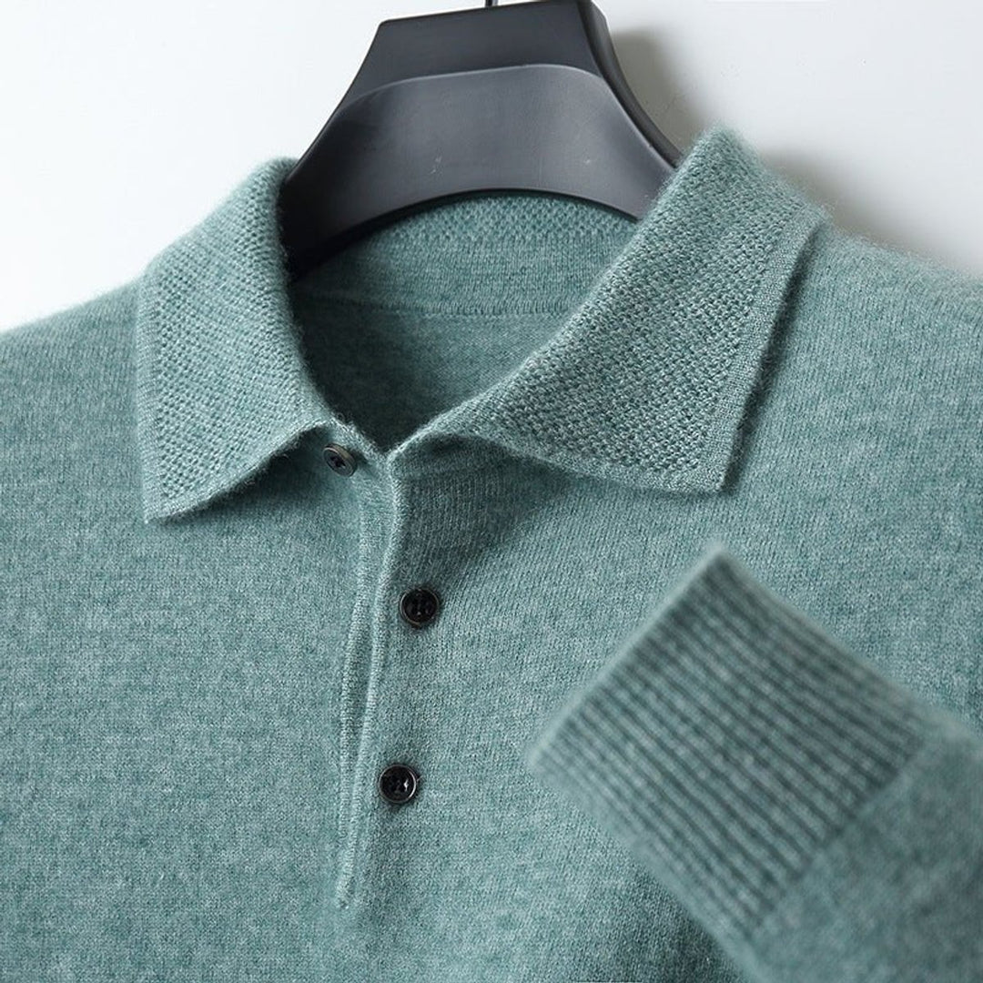 Men's Long Sleeve Knit Polo Shirt Regular Fit Ribbed Cuff - Green