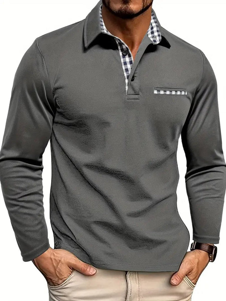 Men's Long Sleeve Plaid Collar Polo Shirt - Gray