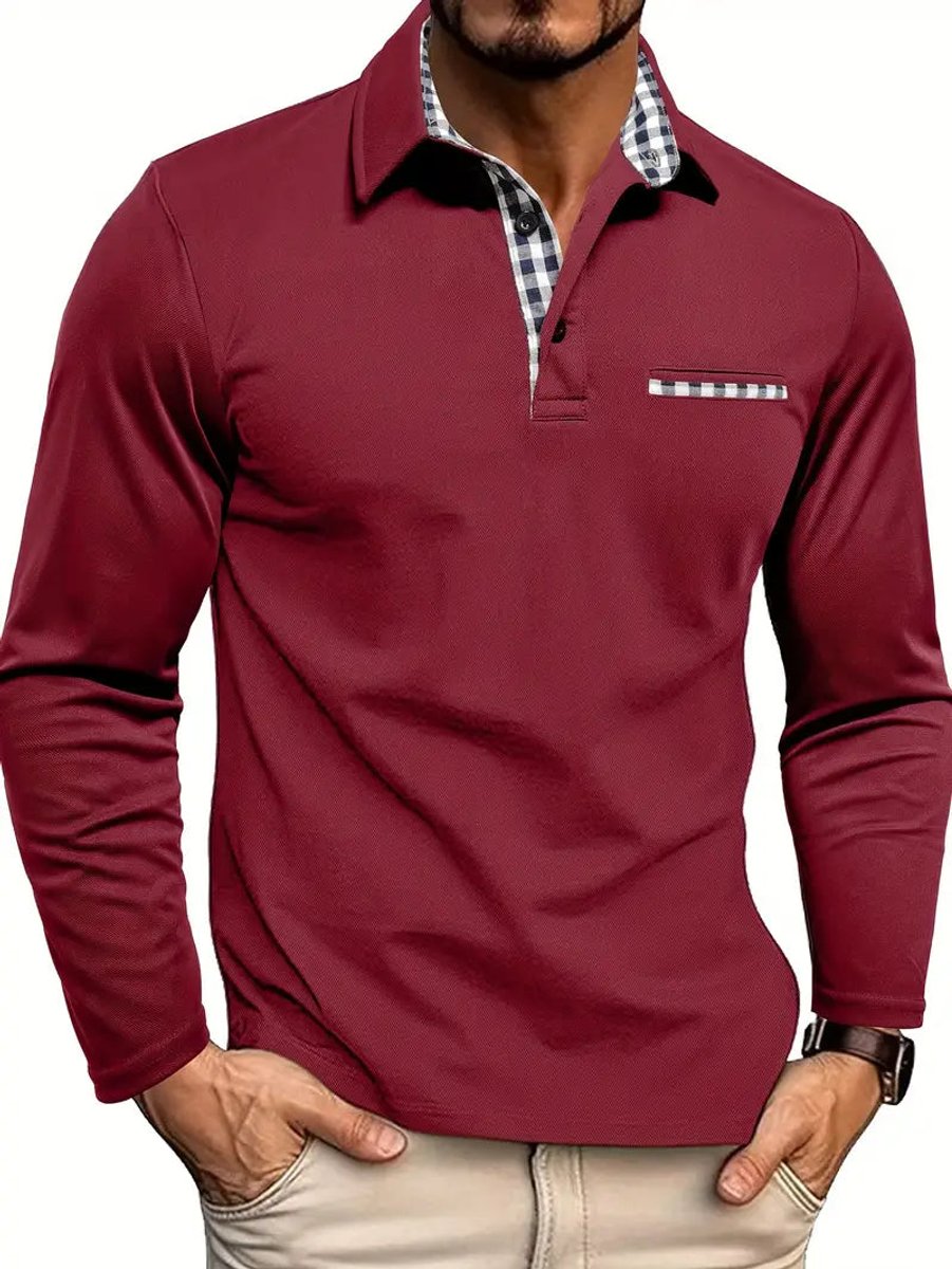 Men's Long Sleeve Plaid Collar Polo Shirt - Burgundy