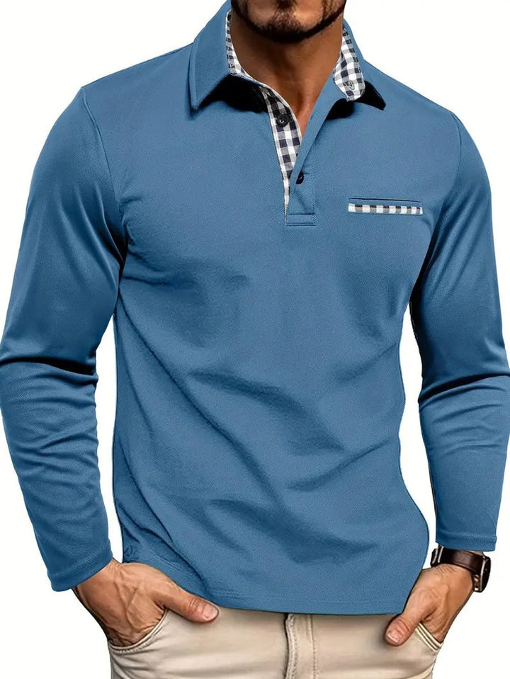 Men's Long Sleeve Plaid Collar Polo Shirt - Light Blue