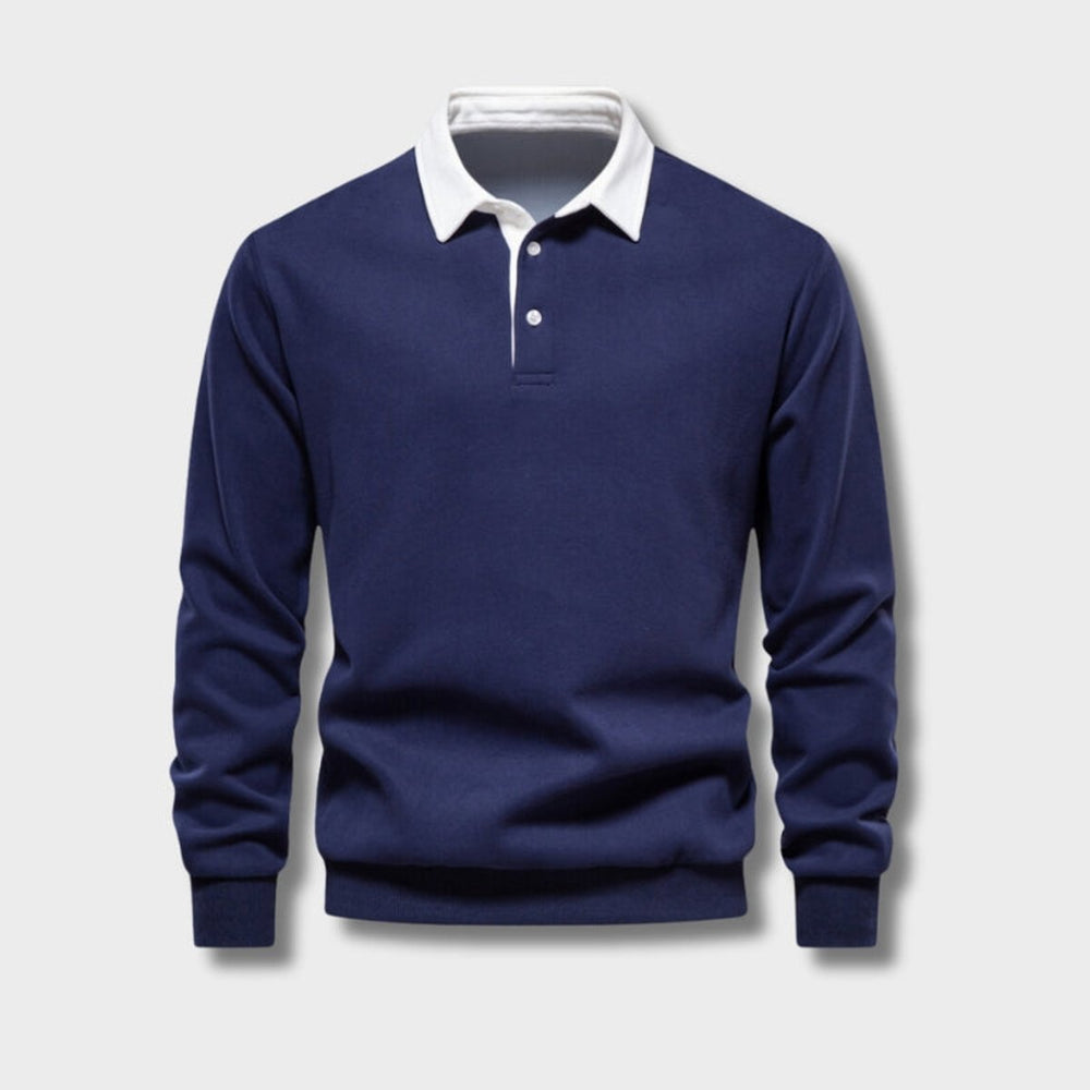 Men's Long Sleeve Polo Shirt Classic Contrast Collar Pullover - Blue