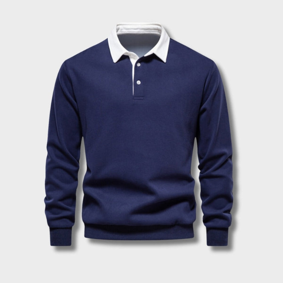 Men's Long Sleeve Polo Shirt Classic Contrast Collar Pullover - Blue