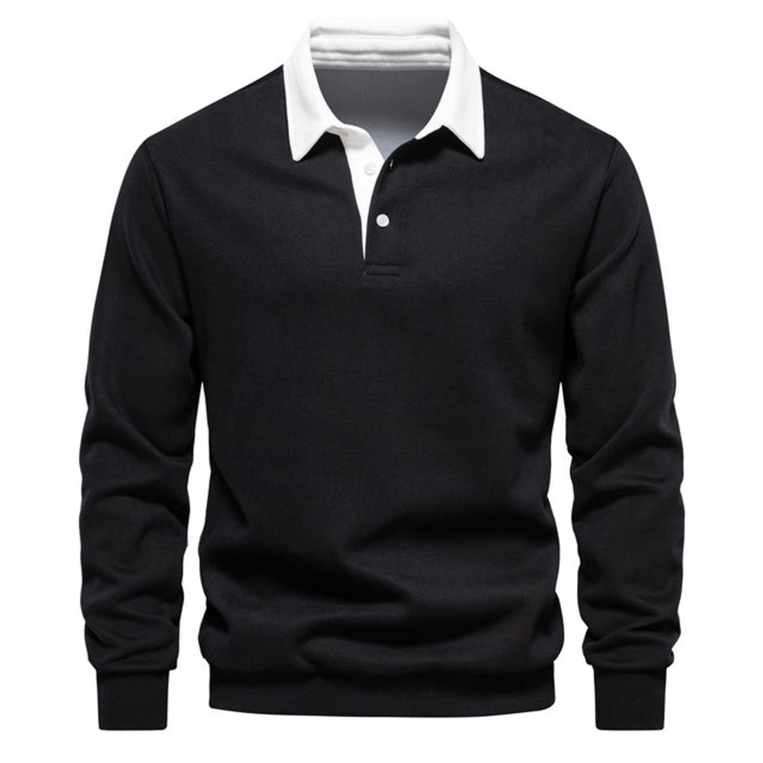 Men's Long Sleeve Polo Shirt Classic Contrast Collar Pullover - Black