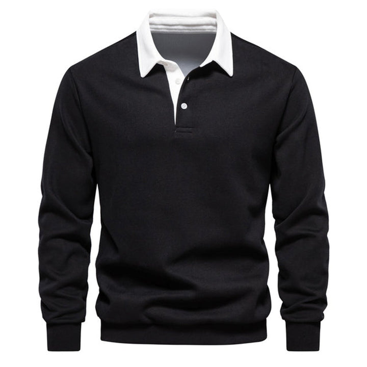 Men's Long Sleeve Polo Shirt Classic Contrast Collar Pullover - Black