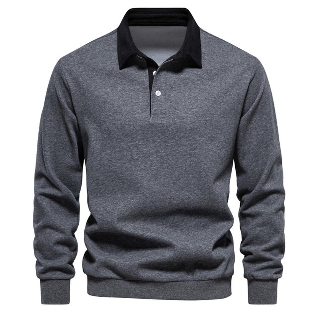 Men's Long Sleeve Polo Shirt Classic Contrast Collar Pullover - Gray