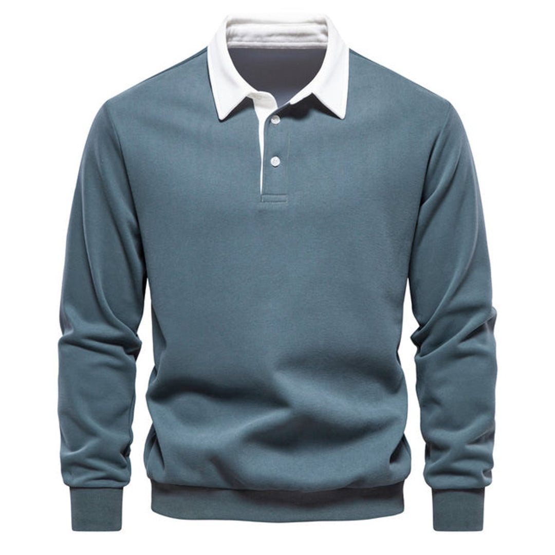 Men's Long Sleeve Polo Shirt Classic Contrast Collar Pullover - Green