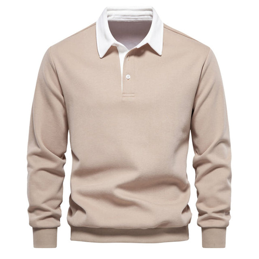 Men's Long Sleeve Polo Shirt Classic Contrast Collar Pullover - Khaki