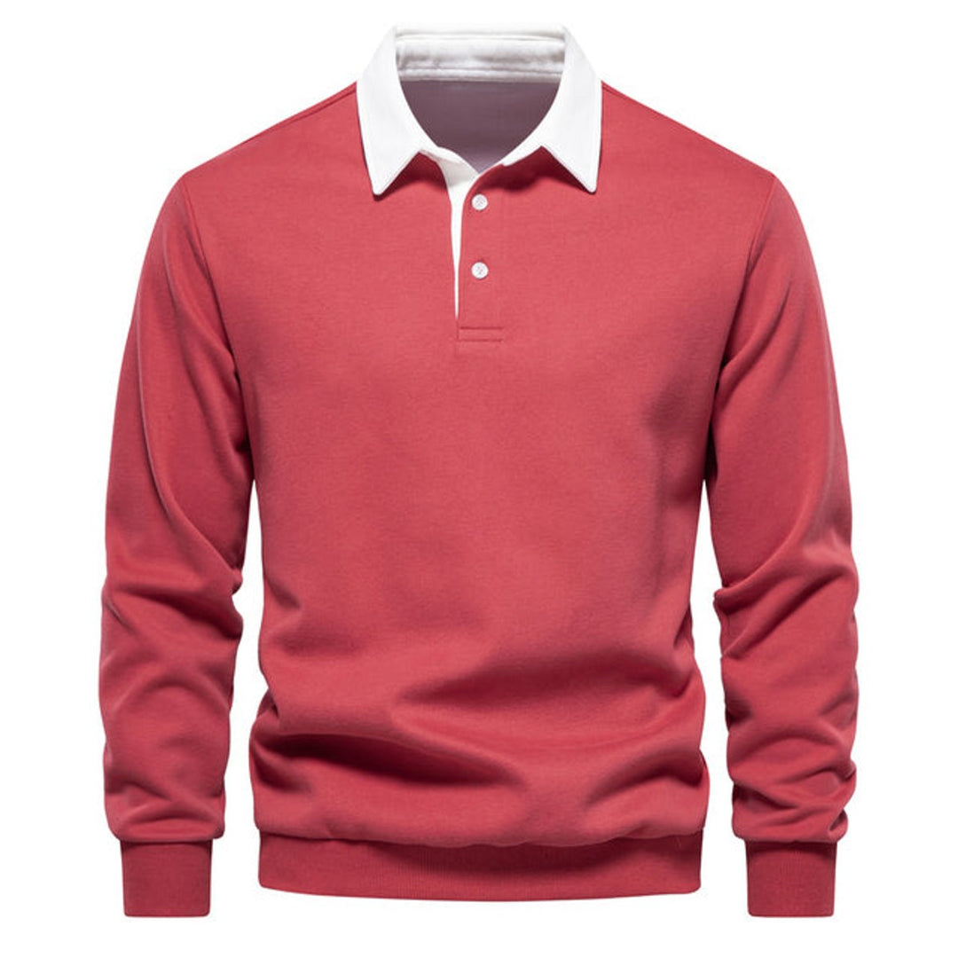 Men's Long Sleeve Polo Shirt Classic Contrast Collar Pullover - Red