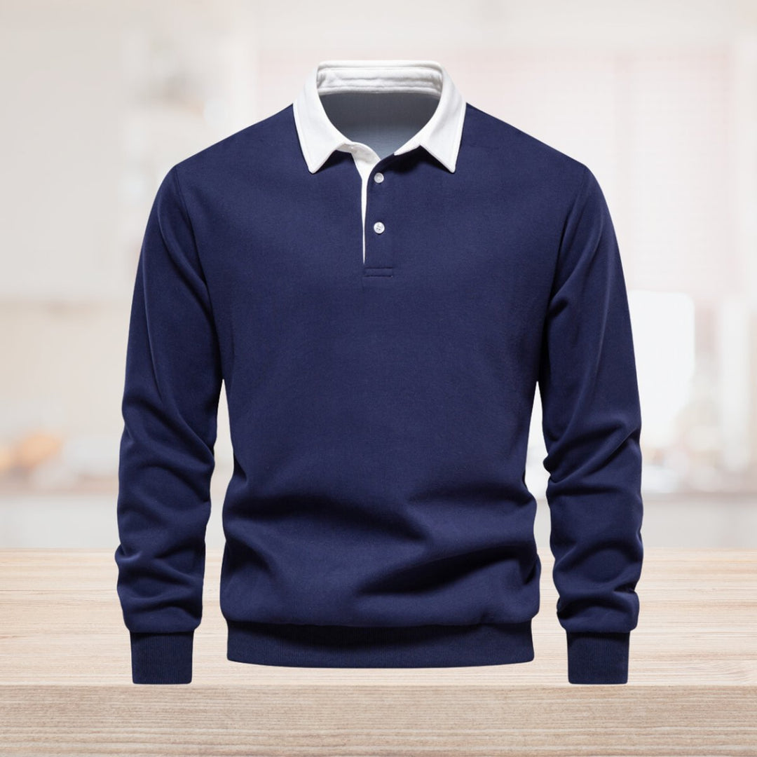 Men's Long Sleeve Polo Shirt Classic Contrast Collar Pullover