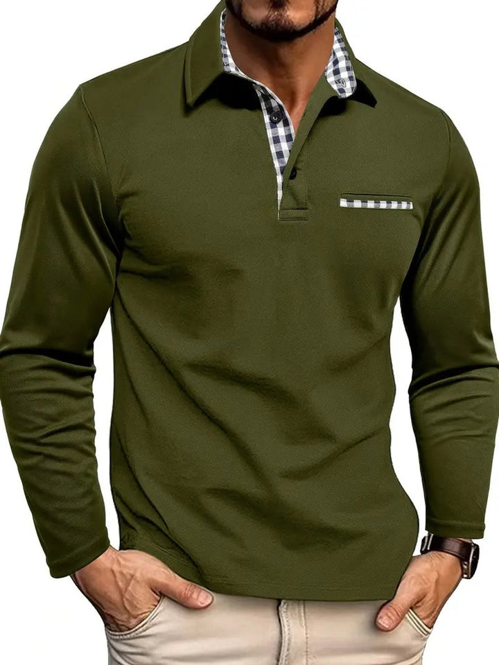 Men's Long Sleeve Polo Shirt Plaid Collar Casual Button Pullover - Olive Green