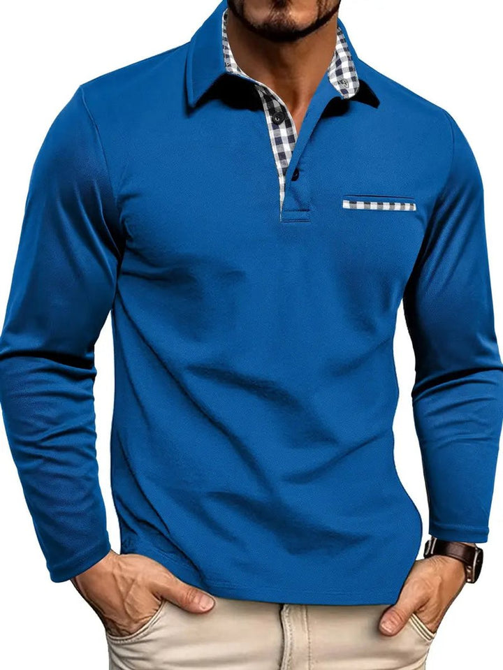 Men's Long Sleeve Polo Shirt Plaid Collar Casual Button Pullover - Blue