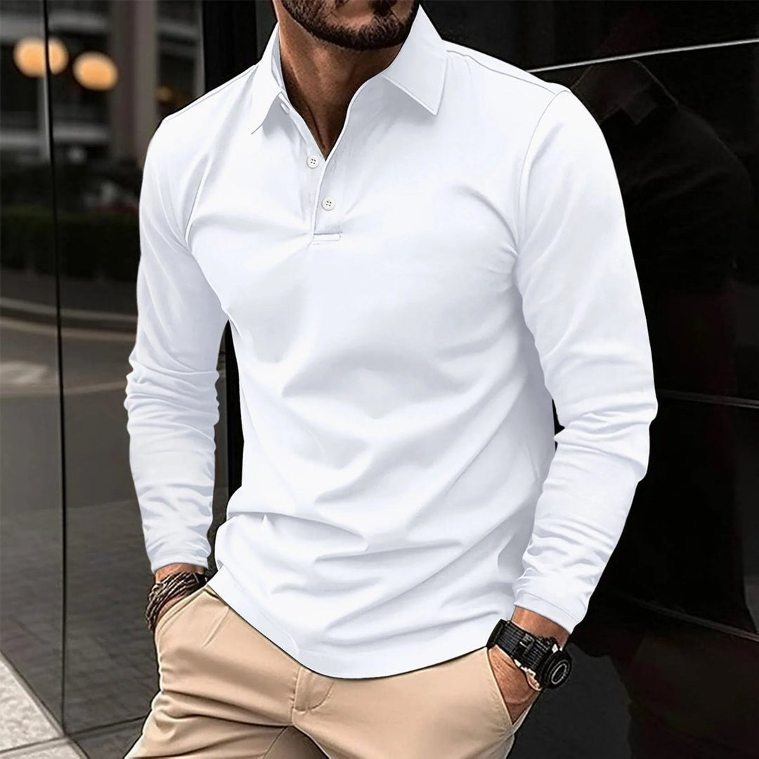 Men's Long Sleeve Slim-Fit Collared Polo Shirt - White