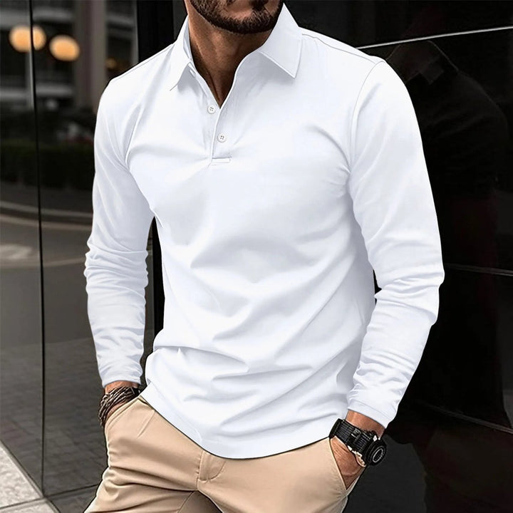 Men's Long Sleeve Slim-Fit Collared Polo Shirt - White