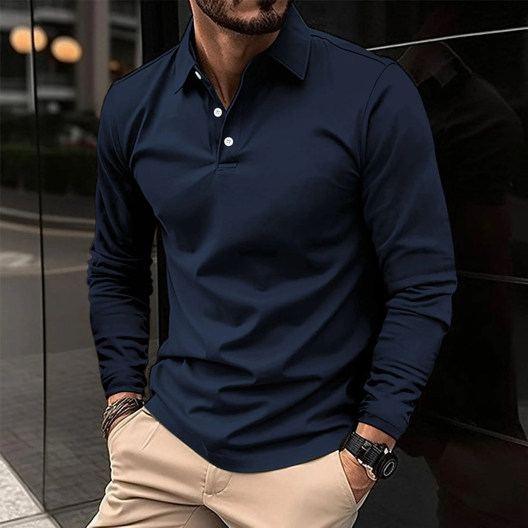 Men's Long Sleeve Slim-Fit Collared Polo Shirt - Blue