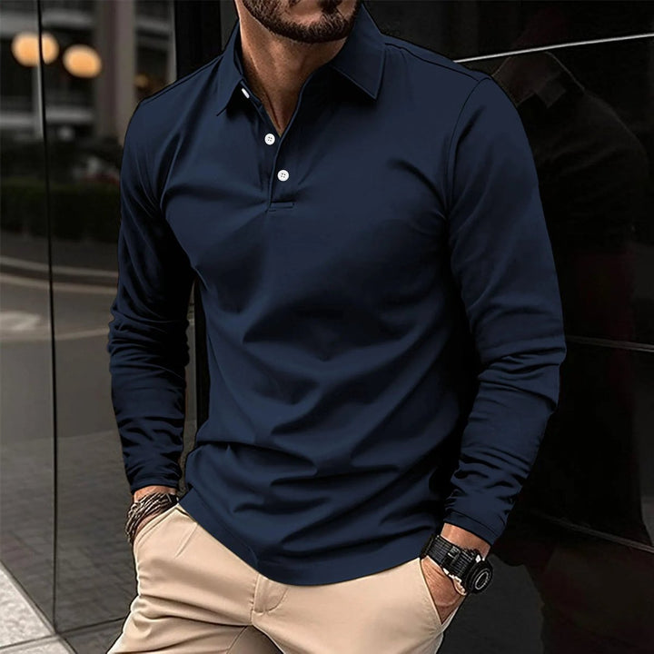Men's Long Sleeve Slim-Fit Collared Polo Shirt - Blue