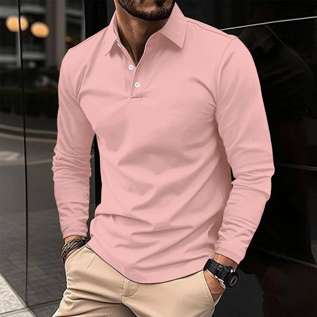 Men's Long Sleeve Slim-Fit Collared Polo Shirt - Pink