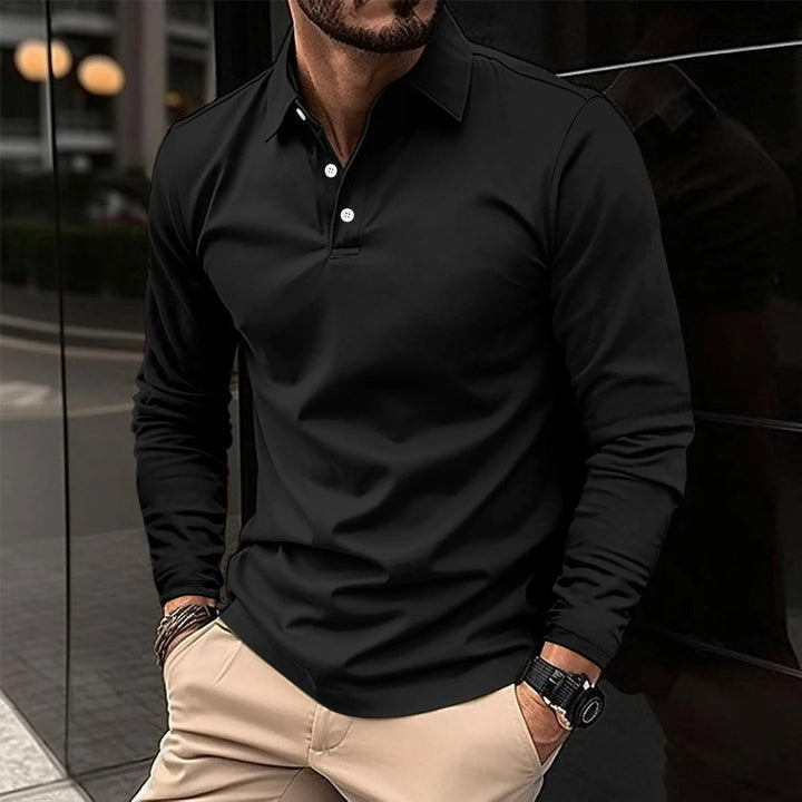 Men's Long Sleeve Slim-Fit Collared Polo Shirt - Black