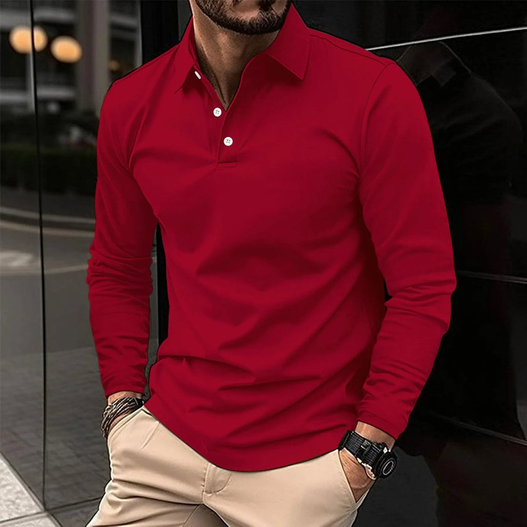 Men's Long Sleeve Slim-Fit Collared Polo Shirt - Red