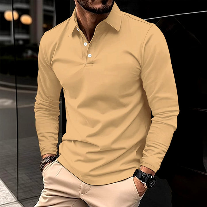 Men's Long Sleeve Slim-Fit Collared Polo Shirt - Khaki