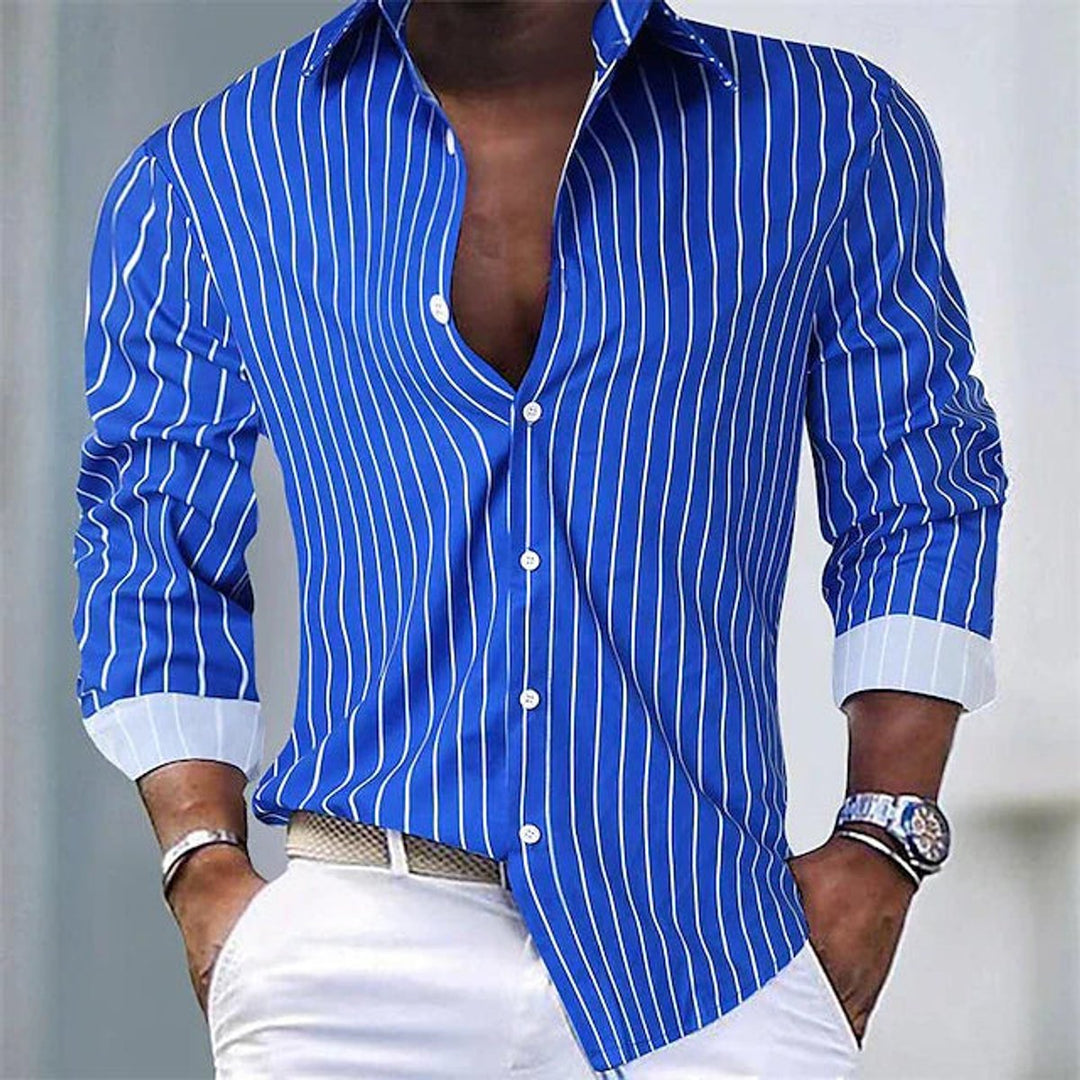 Men's Long-Sleeve Striped Button-Down Dress Shirt
