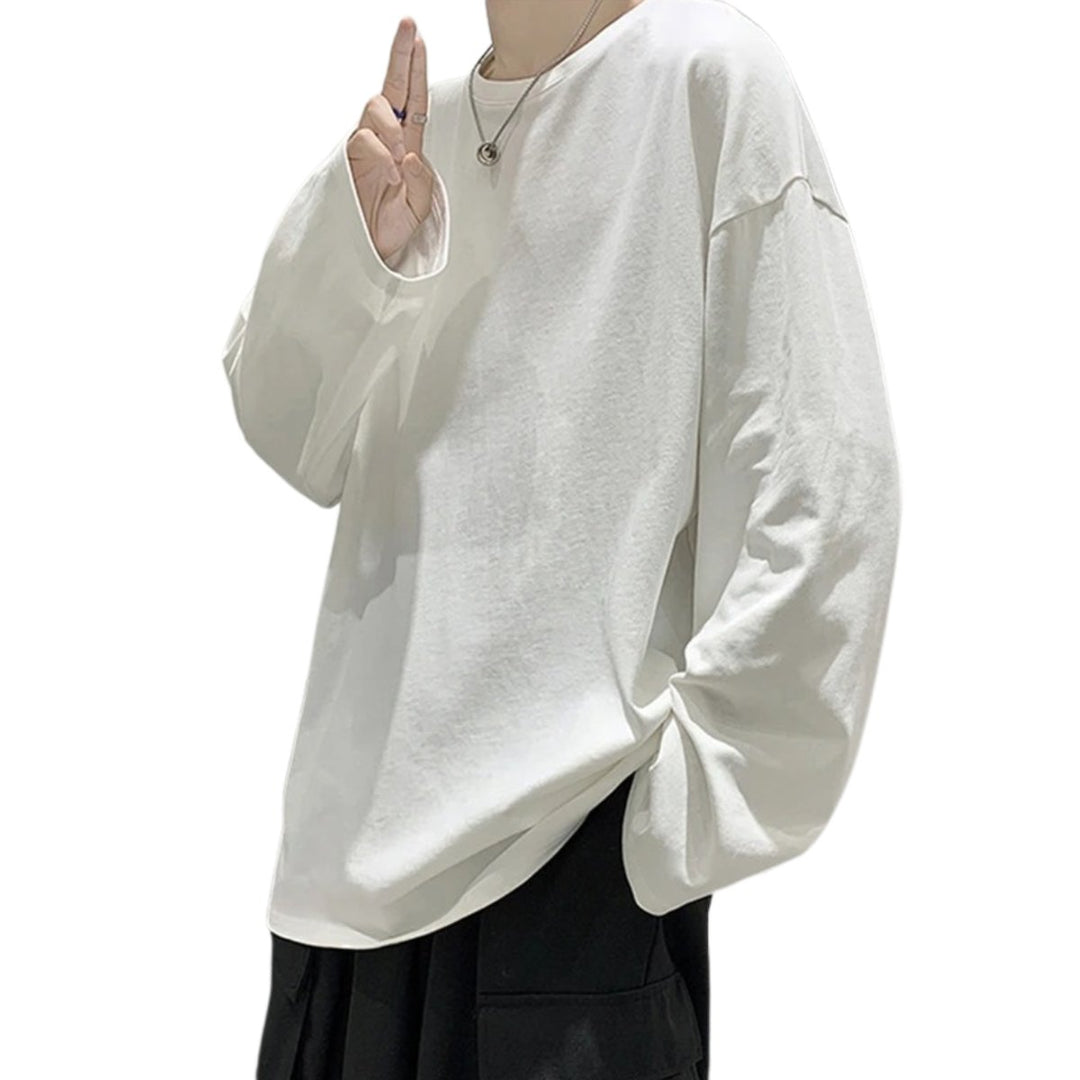 Men's Oversized Long-Sleeve Cotton Crew-Neck Shirt
