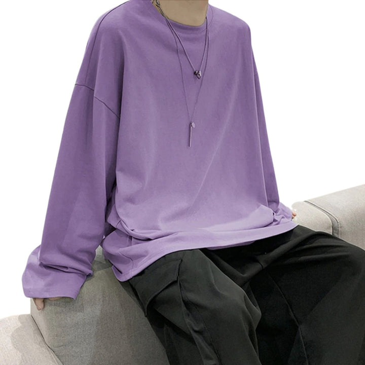 Men's Oversized Long-Sleeve Cotton Crew-Neck Shirt