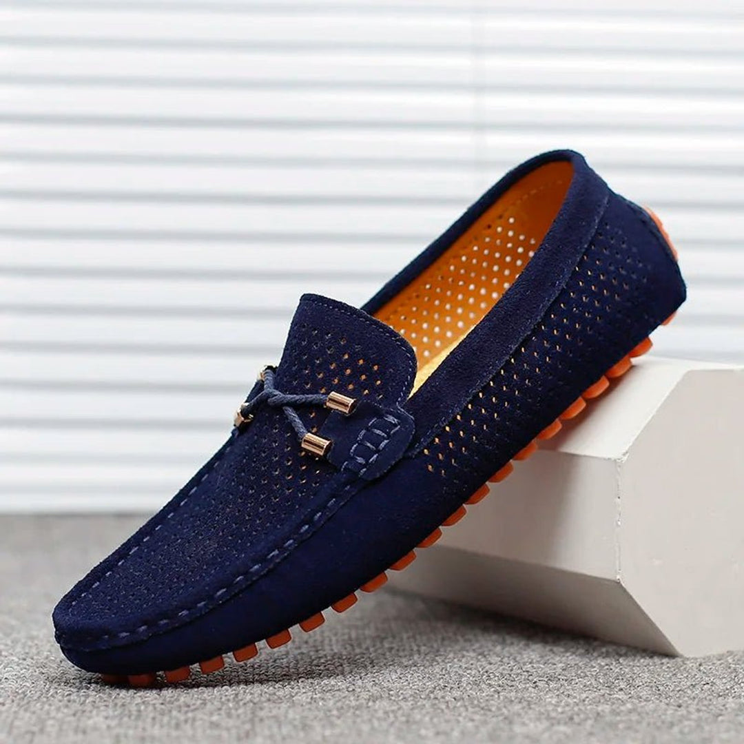 Men's Perforated Suede Slip-On Loafers Breathable Metal-Bow Detail