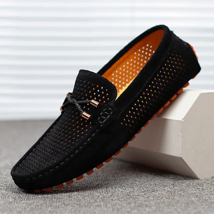Men's Perforated Suede Slip-On Loafers Breathable Metal-Bow Detail