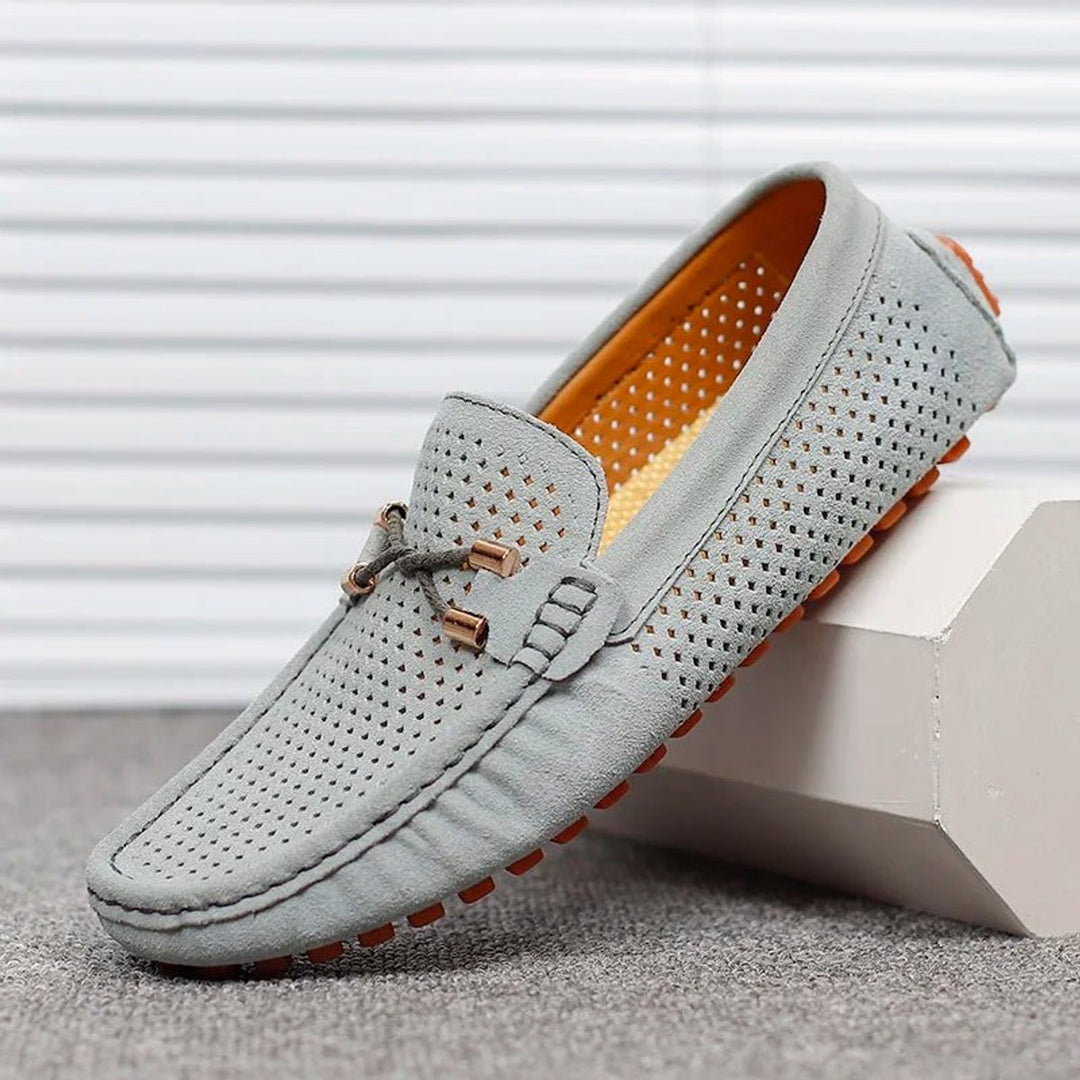 Men's Perforated Suede Slip-On Loafers Breathable Metal-Bow Detail