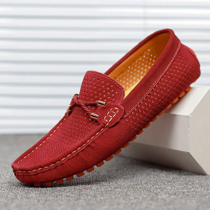 Men's Perforated Suede Slip-On Loafers Breathable Metal-Bow Detail