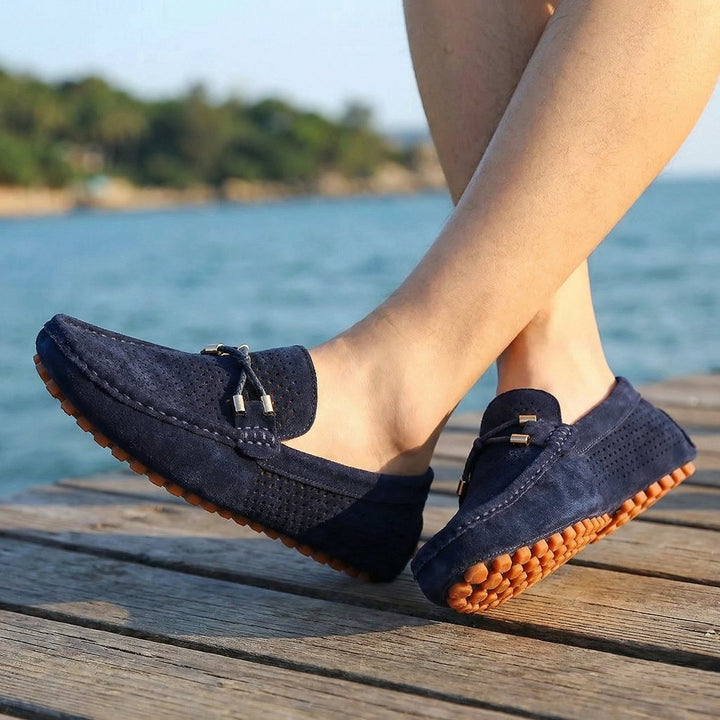 Men's Perforated Suede Slip-On Loafers Breathable Metal-Bow Detail