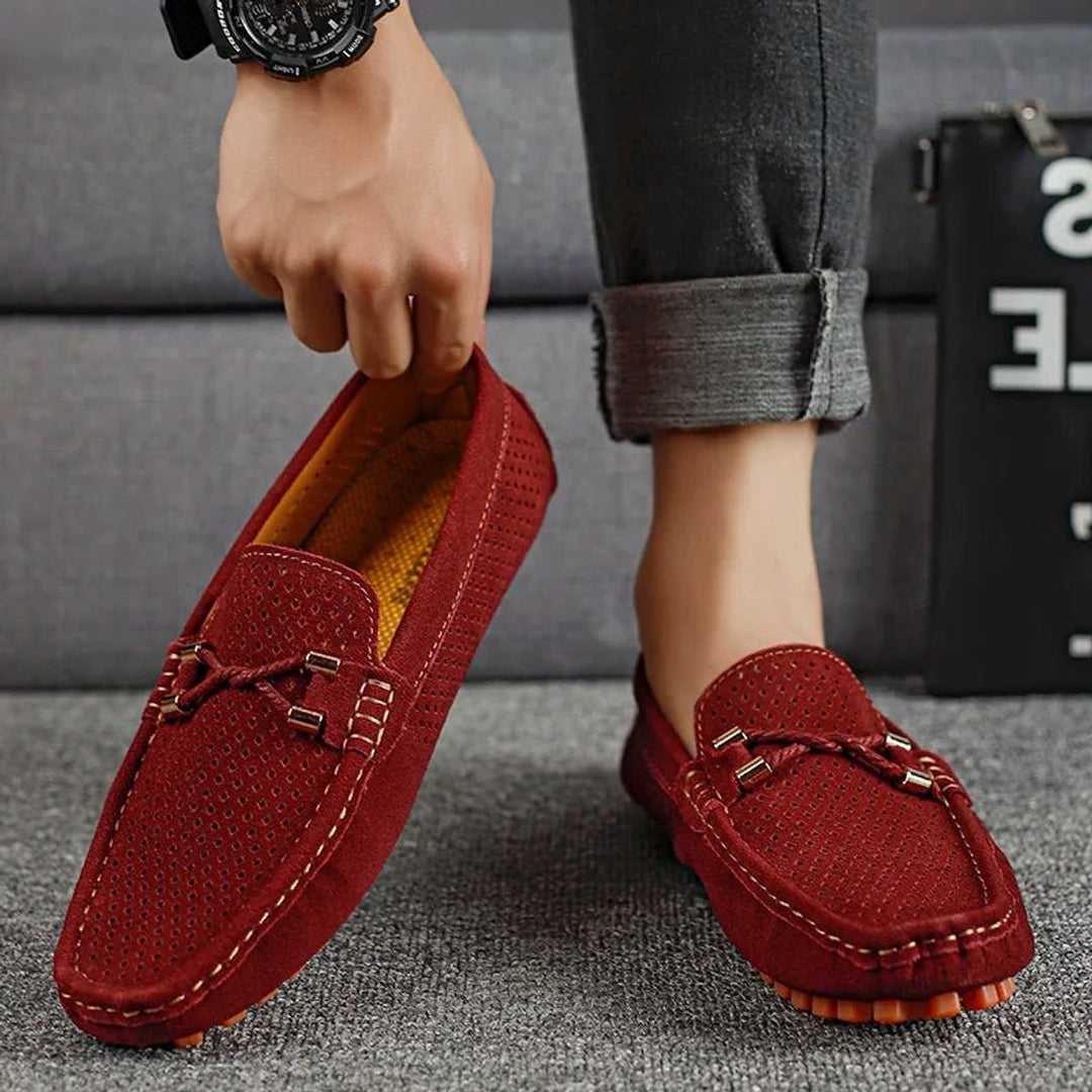Men's Perforated Suede Slip-On Loafers Breathable Metal-Bow Detail