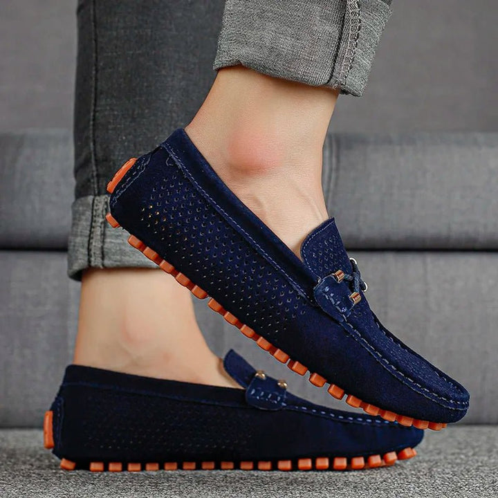Men's Perforated Suede Slip-On Loafers Breathable Metal-Bow Detail