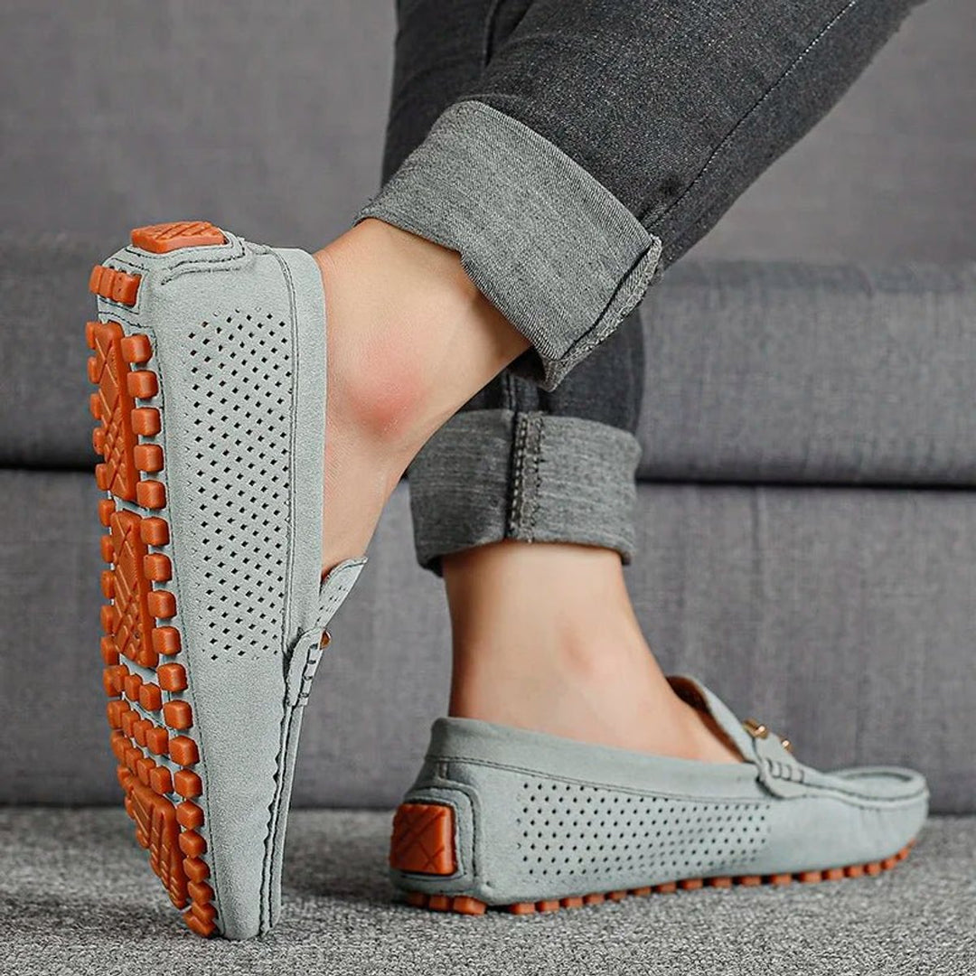 Men's Perforated Suede Slip-On Loafers Breathable Metal-Bow Detail