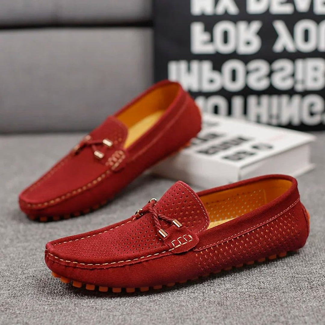 Men's Perforated Suede Slip-On Loafers Breathable Metal-Bow Detail