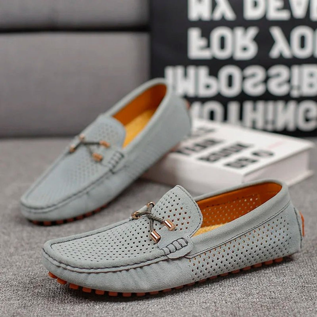 Men's Perforated Suede Slip-On Loafers Breathable Metal-Bow Detail