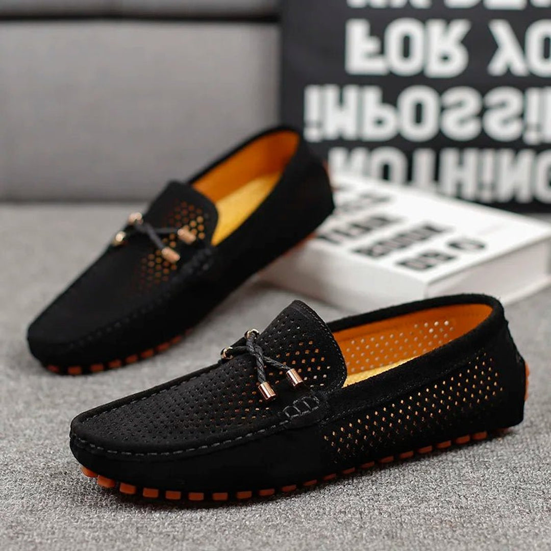 Men's Perforated Suede Slip-On Loafers Breathable Metal-Bow Detail
